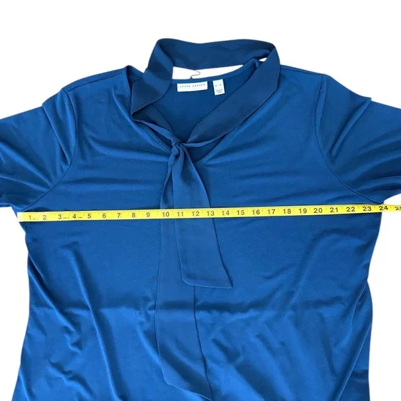 Susan Graver Teal Blue Tie Neck Mixed Media Chiffon Hem Tunic Top XL - Picture 6 of 7